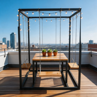 Ensemble de table à manger avec balançoire d'extérieur pour 4 personnes, structure en métal avec plateau en bois massif et chaises suspendues pour patio, café et jardin