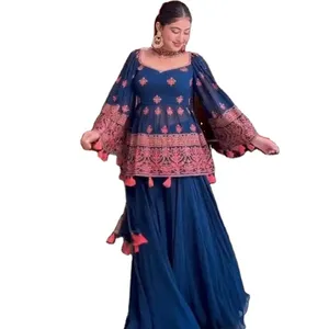 Zed gaun panjang desainer berwarna hitam kurti dan panjang desainer gaun Sharara panjang penuh dengan syal untuk koleksi wanita