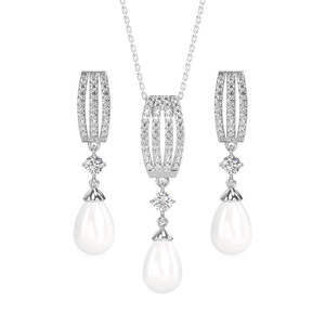 CLARA Parure de bijoux fins en argent sterling 925 avec pendentif perle Reine, boucles d'oreilles et chaîne plaqués rhodium et zircone suisse pour femme - Product Image 1