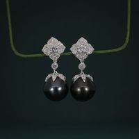 Pendientes de Perlas de Imitación Akoya Negras con Diamantes en Plata de Ley 925 con Diamantes Cultivados en Laboratorio - Lujo de Moda para Bodas