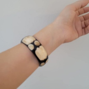 Handcrafted Natural Bone and Brass Bangle Wide Striped Horn Inlay Statement <b>Bracelet</b> <b>Boho</b> Chic Stackable Jewelry - Product Image 2