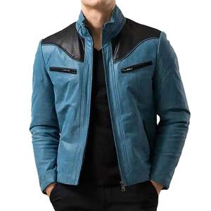 Chaqueta de Cuero Azul y Negra para Hombre, Chaqueta de Motociclista Elegante con Bolsillos con Cremallera y Cuello Alto, Nuevo Diseño - Product Image 4