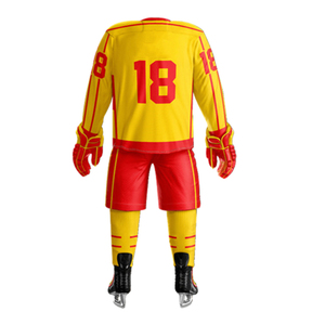 Uniformes de hockey sur glace personnalisés pour hommes, jaune et rouge, impression par sublimation, numéro 18, vêtements d'équipe, polyester respirant, taille adulte - Product Image 3