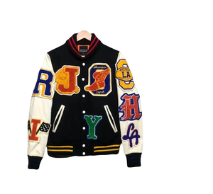 Veste de baseball universitaire personnalisée en laine avec manches en cuir brodées / logos en chenille - Product Image 1