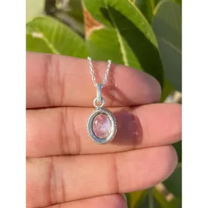 925 <b>Silver</b> <b>Necklace</b> Freshwater Pearl Oval Moonstone Princess Cut Geometric Design Rhodium Bezel Set Platinum Rose Gold Finish - Product Image 3