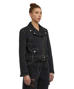 Chaqueta vaquera negra lavada para mujer con cremallera asimétrica, botones y bolsillos con cinturón, personalizada OEM, a la moda, para todas las estaciones - Product Image 2
