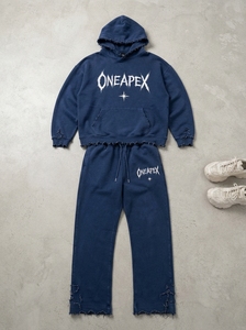 Custom <b>Navy</b> <b>Blue</b> Washed Distressed Hoodie Sweatpants Set Oversized Fleece Tracksuit Streetwear Two Piece <b>Jogger</b> Set - Product Image 2
