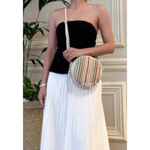 Sac bandoulière rond en cuir véritable italien et raphia-PS650 - Product Image 5