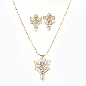 Juego de colgantes de diamantes americanos clásicos con perlas, joyería de moda CZ chapada en dos tonos para bodas y fiestas-422217 - Product Image 1