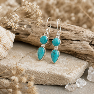 Dainty Turquoise Droplet <b>Earrings</b> Sized 19 Mm X 6.5 Mm <b>Set</b> In 925 <b>Sterling</b> <b>Silver</b> Round And Pear Birthday Gifting Special - Product Image 2