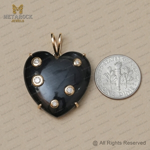 Pendentif en or jaune 14 carats en forme de cœur en onyx noir et diamant naturel, bijoux faits à la main, dos en argent 925 - Product Image 5