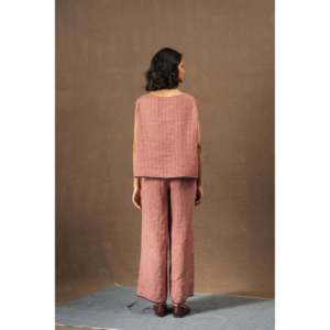 DVE DITYAA Pantalon en lin tissé à la main, taille haute, coupe large, respirant, technique froissée, motif à carreaux cramoisie, pour l'été, pour filles, 3XL - Product Image 1