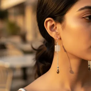 Boucles d'oreilles pendantes tendance pour femmes, en argent, avec quartz fumé, style religieux classique, forme de plume, en cuivre et acier inoxydable, pour les fêtes - Product Image 2