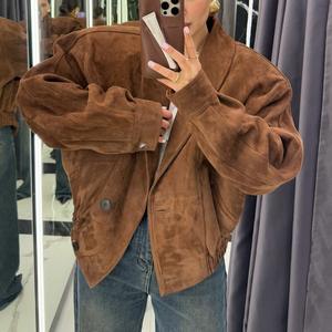 Chaqueta de Primavera de Alta Calidad con Efecto Vintage para Mujer, Chaqueta Bomber de Cuero de Gamuza - Product Image 1