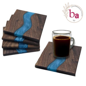 Set de 4 sous-verres carrés en bois et résine de qualité export Bois et turquoise - Product Image 1