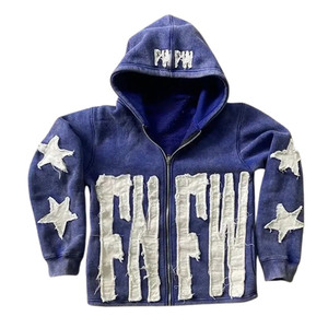 Sudadera con capucha y cremallera lavada con ácido para hombre de fabricante personalizado 380 Gsm parche bordado recortado desgastado de peso pesado estilo Vintage sólido - Product Image 1