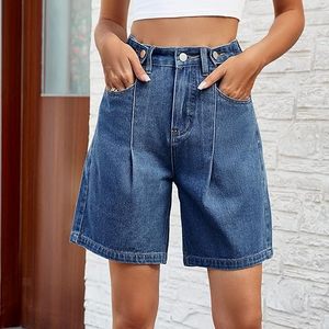 Shorts pour femmes en jean denim vintage occidental d'été en gros, taille haute, coupe droite, décontractés, bouton personnalisé - Product Image 6