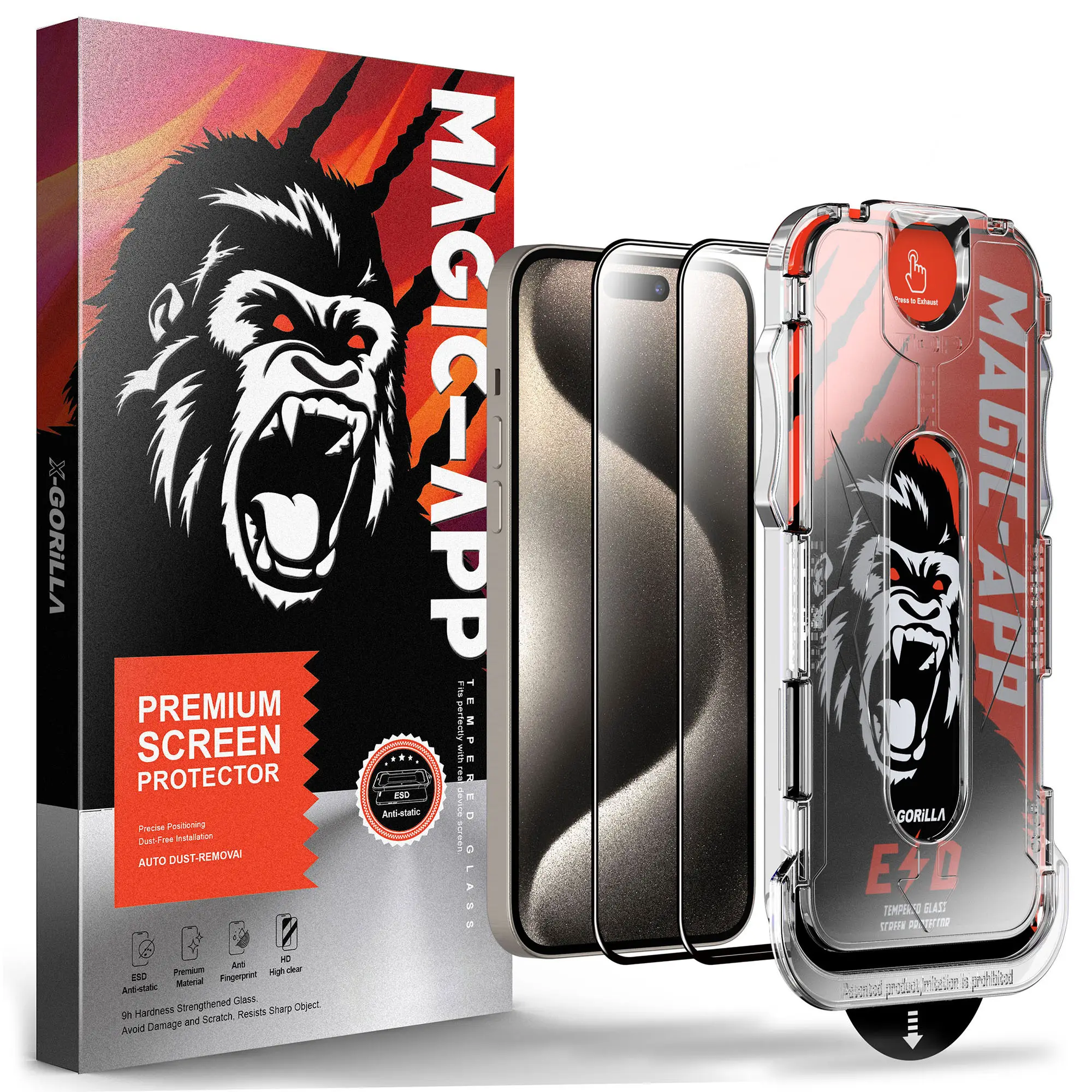 واقي شاشة X-Gorilla من الزجاج المقسى لهاتف iPhone 15 Pro Max، مقاوم للتشظي والتآكل، ومزيل للغبار وتوفير تغطية كاملة للخصوصية