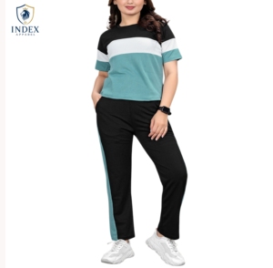INDEX APPAREL ชุดวอร์มผู้หญิงสีบล็อค แขนสั้น คอกลม กางเกงขายาว ระบายอากาศได้ดี สวมใส่สบายในฤดูใบไม้ผลิ - Product Image 1