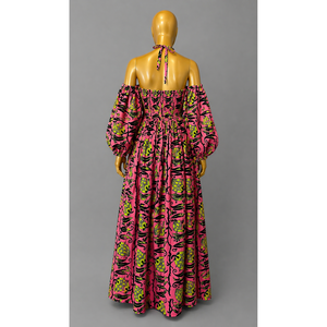 Vestido largo rosa Ankara verde lima con hombros descubiertos y cintura imperio - Product Image 2