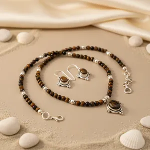 Ensemble de bijoux en argent 925, collier et boucles d'oreilles en perles d'œil de tigre, cristal de strass avec perle plaqué or pour une fête ou un cadeau - Product Image 2