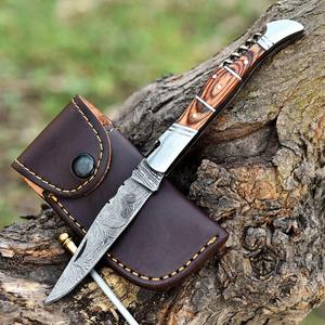 Gran oferta, cuchillo de bolsillo plegable de acero de Damasco hecho a mano personalizado, mango de madera de cuero, hermosos cuchillos para acampar al aire libre, soporte OEM - Product Image 4