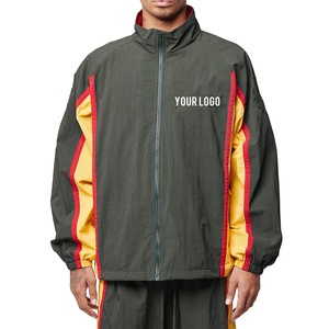 Customizable Logo Mens Retro Color Block Windbreaker <b>Jacket</b> Dark Green Striped Full Zip Stand Collar <b>Track</b> <b>Jacket</b> New Arrivals - Product Image 1