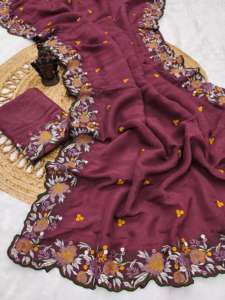 Sari de seda suave de diseñador con bordado Zari Work, Stone Work Designer Wedding Function Wear Sari, Party Wear Saree. - Product Image 2