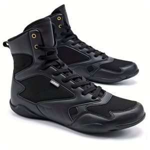 Chaussures de boxe à lacets légères et respirantes de couleur unie noire, soutien de la cheville élevé, dessus en cuir véritable, logo personnalisé - Product Image 1