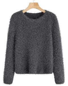 Customized <b>Womens</b> Charcoal Gray Fuzzy Knit Sweater Long Sleeve Soft <b>Warm</b> Winter Pullover Cozy Textured Casual Fashion <b>Top</b> - Product Image 1