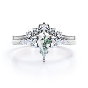 แหวนแต่งงานรูปทรงว่าวประดับมอสอาเกต เงินแท้ 925 ประดับพลอยแกะสลักลายแหลม สไตล์คลาสสิก ชุบทอง 14K แบบหนามเตย - Product Image 2