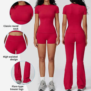 Conjunto de Dos Piezas para Mujer, Estilo Urbano, Color Sólido, Corte Ajustado, Cuello Redondo, Mangas Cortas, Leggings de Punto Elásticos de Cintura Alta - Product Image 2