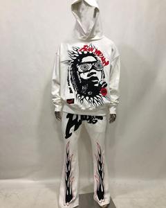 Venta al por mayor de ropa de calle personalizada de los hombres Flare Sweatsuit French Terry Raw Hem con capucha de peso pesado de los hombres acampanados pantalones de chándal y sudaderas con capucha conjuntos - Product Image 1