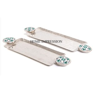 Fantaisie Unique Designer Rectangle Forme Argent Couleur Brillant Miroir Poli Plateau Avec Plaqué Or Fleurs Feuilles Designer Poignées - Product Image 3