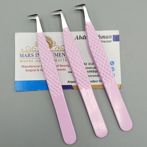 Pink <b>Powder</b> Coated Stainless Steel <b>Volume</b> Tweezers with Curved Silver Tips Boot Style for Eyelash Extensions - Product Image 1