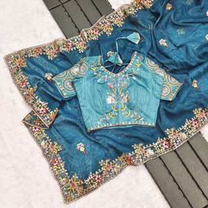 ชุดส่าหรีผ้าไหมเนื้อนุ่มดีไซเนอร์ชาวอินเดียพร้อมด้วยการปักลวดลายสวยงามสำหรับงานแต่งงานงานแต่งงานส่าหรีสไตล์การออกแบบดั้งเดิม - Product Image 4