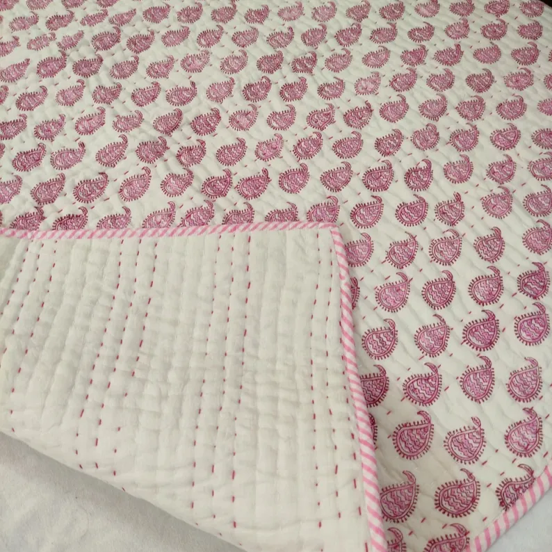 100% Cotton Kantha Throw Soft Cotton Handmade Baby Quilt, Hand Block Print Baby Blanket Multiple Sizes Kantha Quilt Bedding