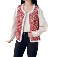 Gilet matelassé respirant style rétro littéraire à col en V orné de fleurs et de fourrure, coupe ample, grande taille, chaud et sans manches