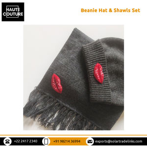 Unisex Hand Embroidered Beads & <b>Sequins</b> Made Lips Design Beanie Hat & Shawls Set for Adults for Winter Wear - Product Image 2