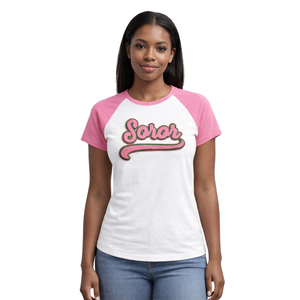 <b>White</b> Soror Raglan Sleeve <b>T</b>-<b>Shirt</b> Greek Sorority <b>Women's</b> Pink & Green Eco-Friendly Summer Casual Apparel - Product Image 1