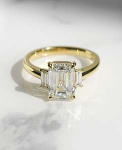 12x8mm <b>Emerald</b> Cut Moissanite Engagement <b>Ring</b> Three Stone Gold or <b>Silver</b> <b>Ring</b> with Tapered Baguette Side Stones Bridal Jewelry - Product Image 1