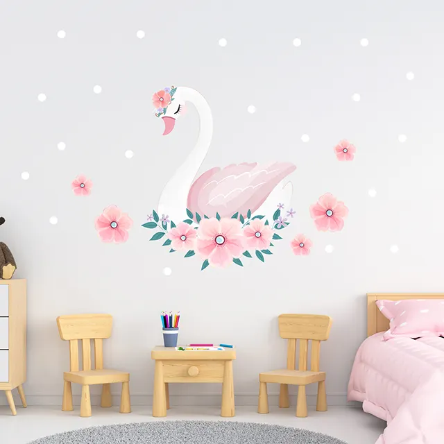 Set di adesivi da parete per camera dei bambini con fiori di cigno dolce