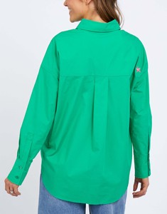 Light Green Casual Shirts Button Pointed Collar Long Sleeves Cuff <b>Drop</b> Shoulder <b>Back</b> Pleat Curved High Low Hem 100% Cotton - Product Image 2
