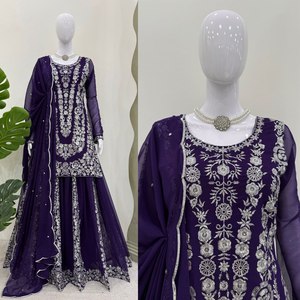 Elegant Bollywood-Style Faux Georgette Plazo Set Thread Sequin Work Micro Inner Sizes M XXL 3XL Winter Party Dupatta 2.2 <b>Meter</b> - Product Image 1