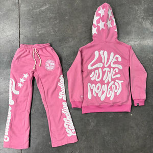 Ensembles unisexes de survêtements avec logo personnalisé OEM Pantalons de survêtement de jogging superposés Ensembles de pantalons de survêtement et sweat à capuche évasés avec fermeture éclair et impression bouffante en mousse 3d - Product Image 5