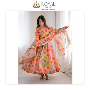 Suministro Directo de Fábrica, Ropa India Tradicional, Hermoso Traje Anarkali de Organza con Estampado Floral en Venta - Product Image 6