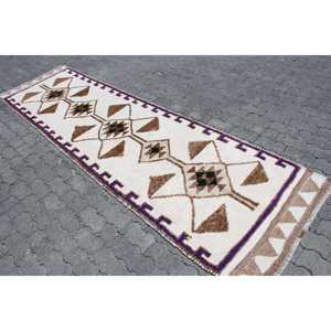 Turkish 3x11.1 ft Rug, Runner Vintage Rug, <b>Brown</b> White Plants & trees <b>Wool</b> Rug - Product Image 2