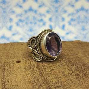 Everyday Unique Bohemian 025 Fine Sterling Silver Designer <b>Ring</b> Faceted Amethyst Stone <b>Thick</b> Band Diamond Inlay for Weddings - Product Image 5