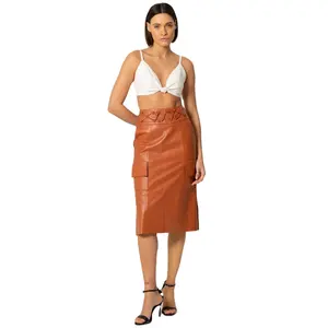 Women's Midi-length Skirt With Side Pockets And Waist Details In Genuine Leather Fashion Outfit 7 C