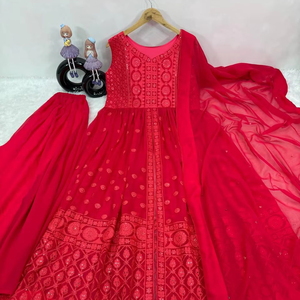 เสื้อแฟนซีสีชมพูแดงสไตล์บอลลีวูดสูงเสื้อตัดแฟนซีพร้อมชุดสูท Palazzo fuax georgette - Product Image 1
